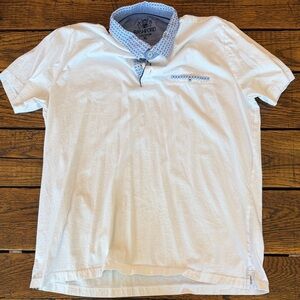 Men’s White Polo with Blue Patterned Contrast Collar